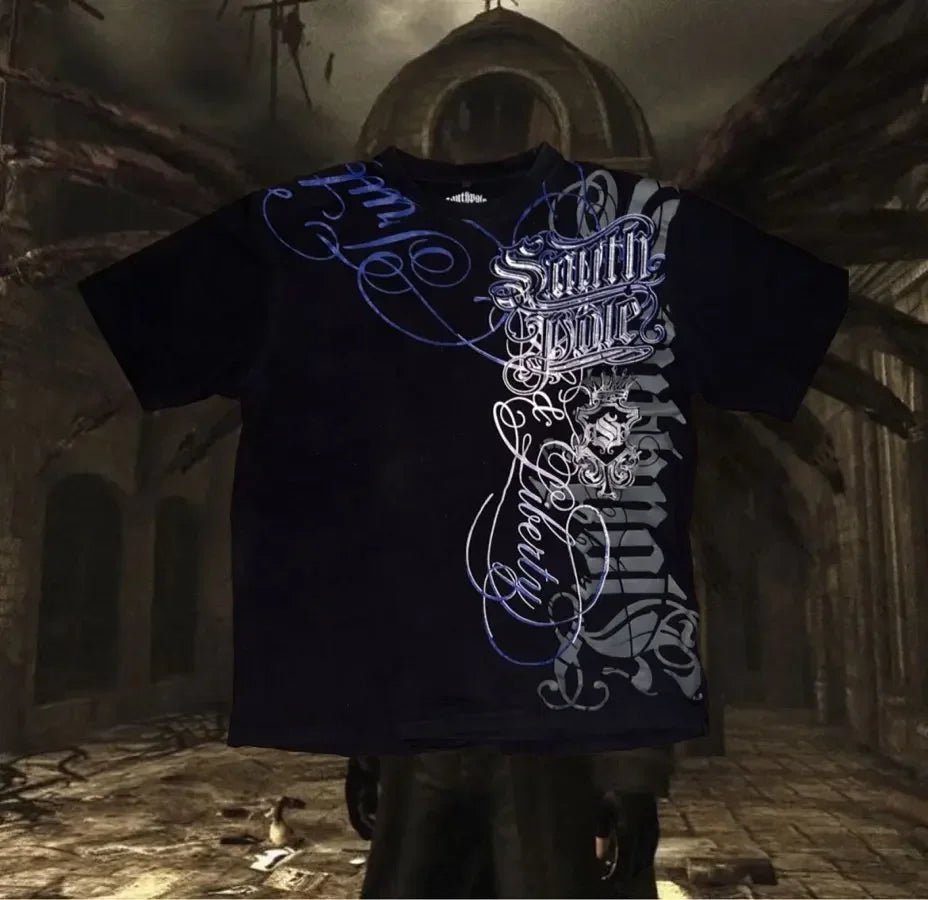 Southpole Y2K Vintage Cotton Graphic Tee Distressed Oversized Unisex T-Shirt with Gothic Print Streetwear Retro Soft Shirt Man - 28.44
