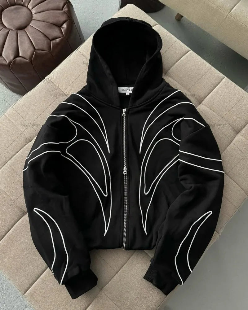 Street Retro Fashion Clothing Striped Embroidered Black Double Zipper Hoodie American Hip - hop Punk Oversized Sweatshirt Men - 28.44