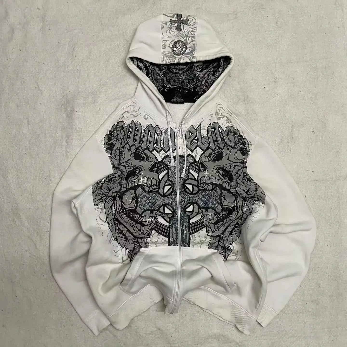 American New Fashion Pattern Embroidery Leisure Fur Collar Zipper Sweater Men Y2K Korean Version Casual Couple Sports Hoodies - 28.44