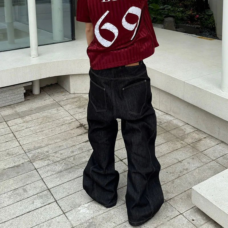 Korean High Street Buckle Curved Jeans Autumn Men'S Loose Straight Leg Pants Black Wide Leg Pants Casual Pants Hip - Hop Pants - 28.44