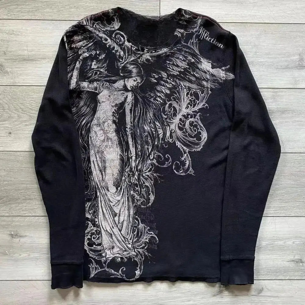 Fashionable men's autumn personalized skull letter print micro elastic comfortable long sleeved T-shirt outdoor street style top - 28.44