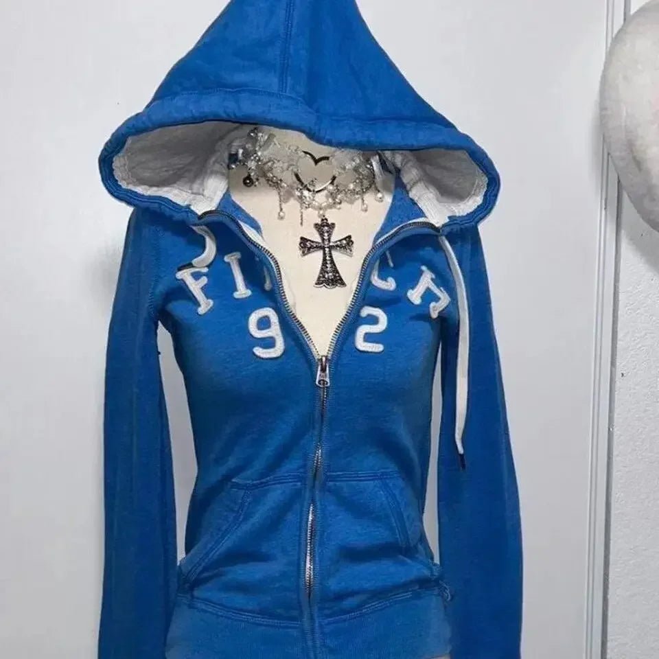 2025 New Blue Sweater Women Autumn Winter Gothic Punk American Retro Slim Cardigan Casual Street Wear Y2K Design Plush Hoodie - 28.44