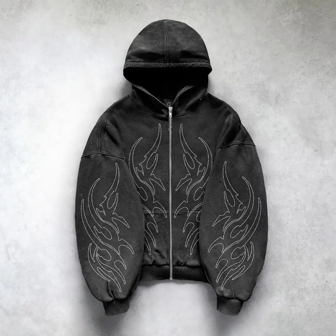 Gothic Punk Graphic Print Oversized Sweatshirt High Street Harajuku Y2K Streetwear Jacket Men Hip Hop Retro Casual Zipper Hoodie - 28.44