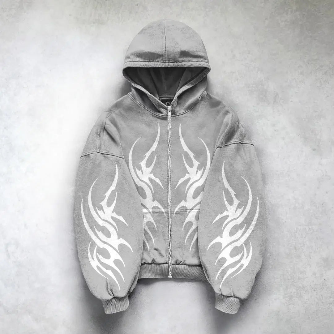 Gothic Punk Graphic Print Oversized Sweatshirt High Street Harajuku Y2K Streetwear Jacket Men Hip Hop Retro Casual Zipper Hoodie - 28.44