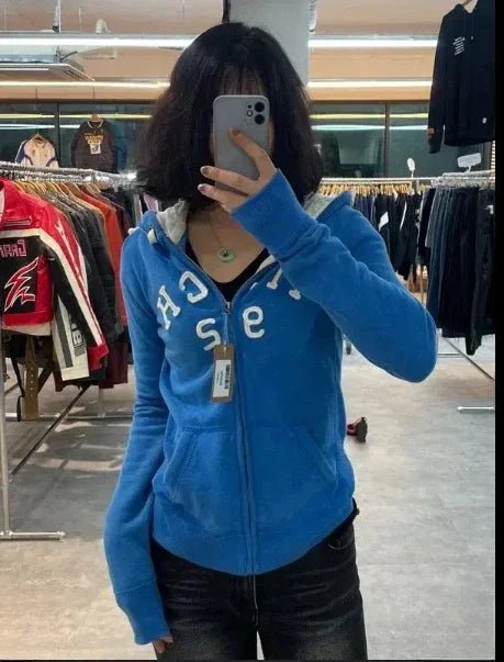 2025 New Blue Sweater Women Autumn Winter Gothic Punk American Retro Slim Cardigan Casual Street Wear Y2K Design Plush Hoodie