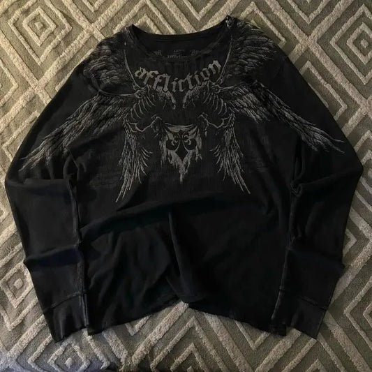 Fashionable men's autumn personalized skull letter print micro elastic comfortable long sleeved T-shirt outdoor street style top