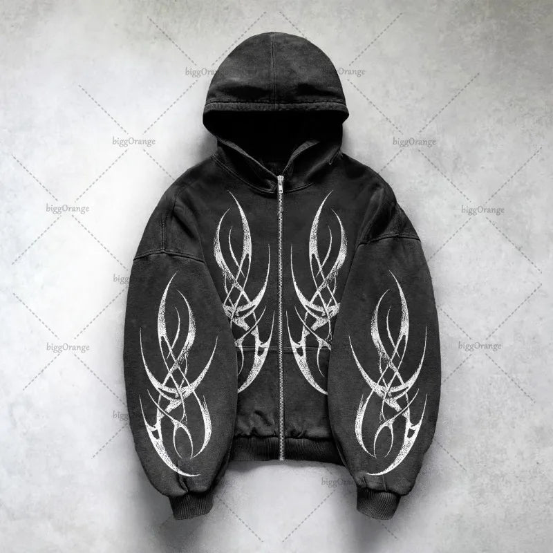 Gothic Punk Graphic Print Oversized Sweatshirt High Street Harajuku Y2K Streetwear Jacket Men Hip Hop Retro Casual Zipper Hoodie - 28.44