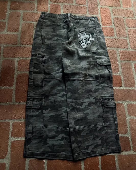 2025 Gothic Punk Retro Streetwear Baggy Y2K Jeans Men Hip-hop Black High Waist Wide-leg Pants Skull Camouflage Cargo Pants Women