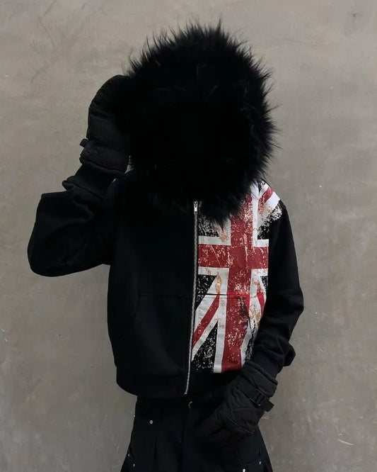 American Retro Fur Collar Flag Printing Oversize Zipper Hoodie Men's and Women's Y2K New Harajuku Hip Hop Goth Casual Sweatshirt