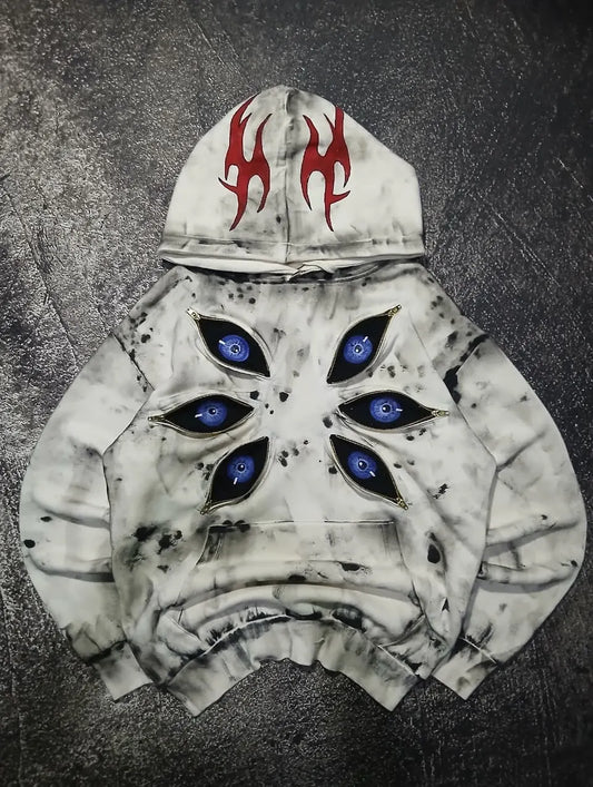Dark retro gothic fusion six-eye totem sweatshirt distressed tie-dye functional zipper niche wear dual aesthetics