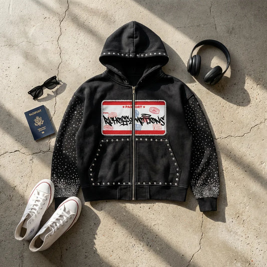 Street Retro Text Print Label Zip Up Hoodie Mens and Womens Black Studded Zip Up Jacket Dazzling Trendy Rhinestone Sleeve Hoodie